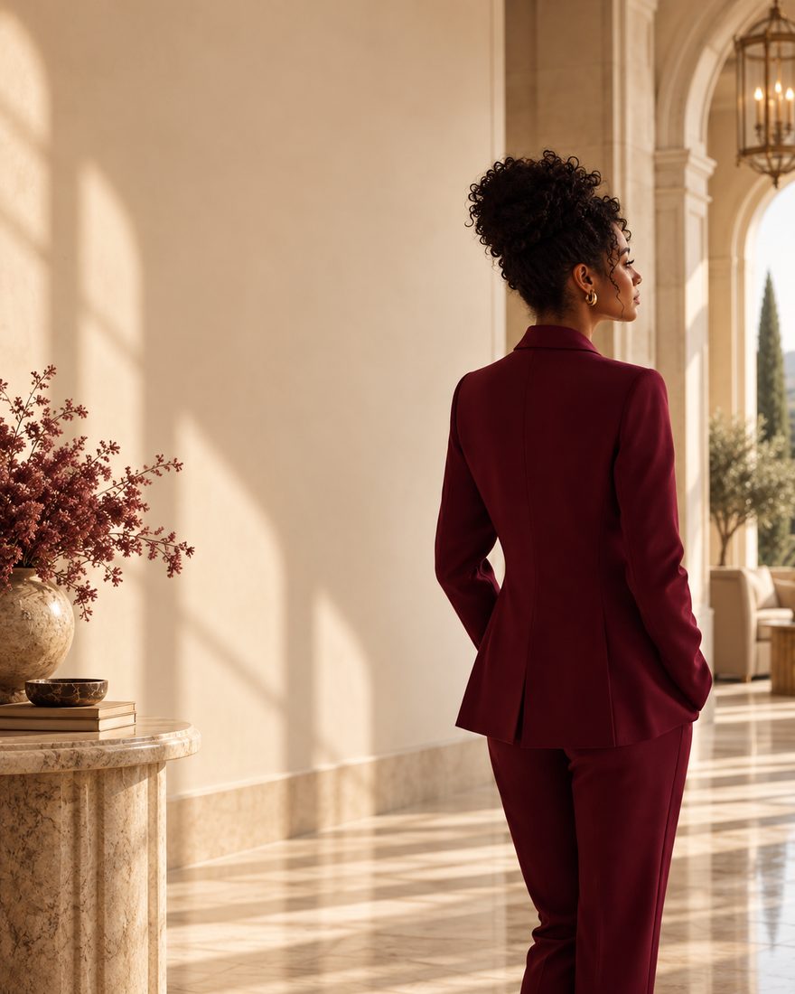 A woman in a burgundy suit looking out through an archway