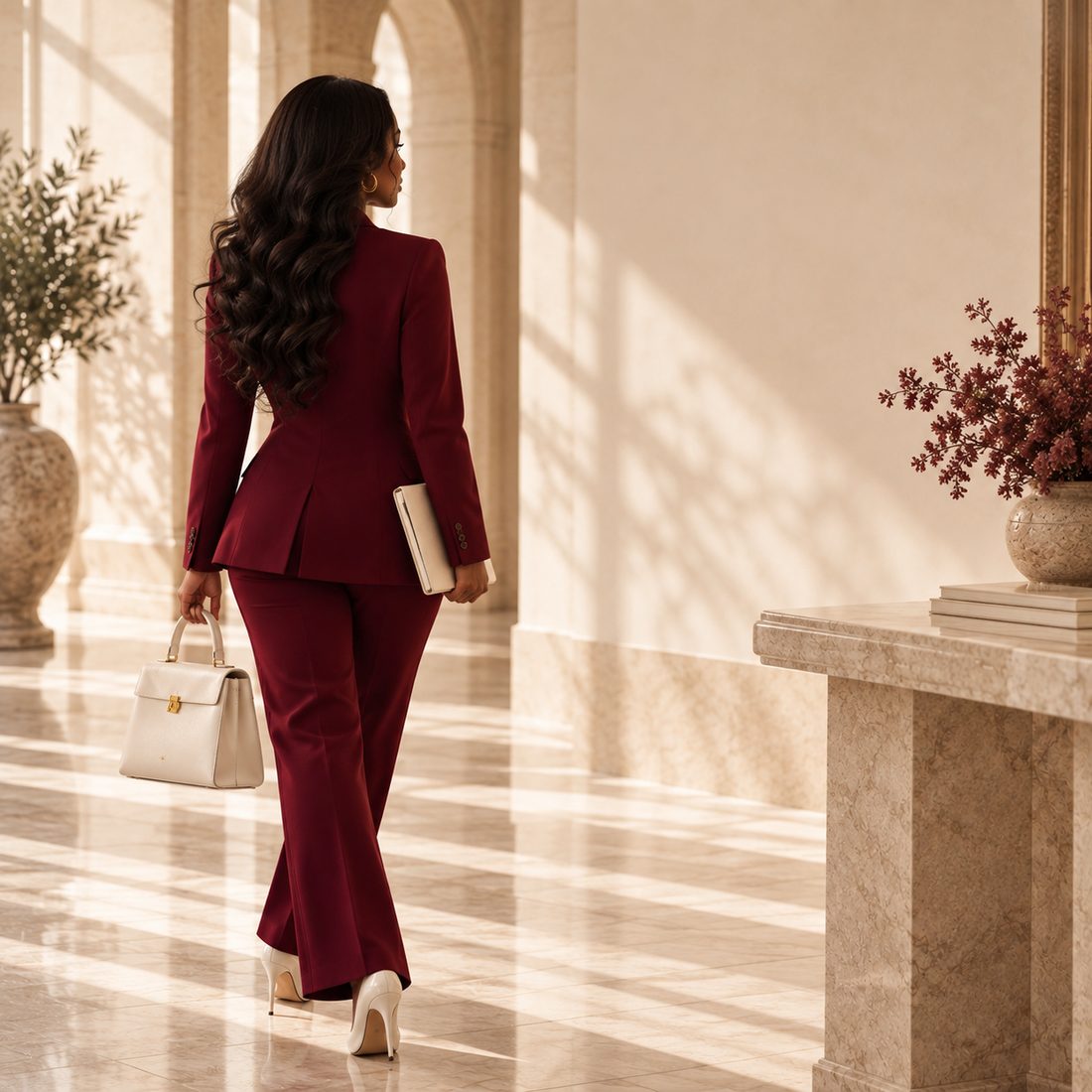 A woman in a burgundy suit walking down a marble hallway