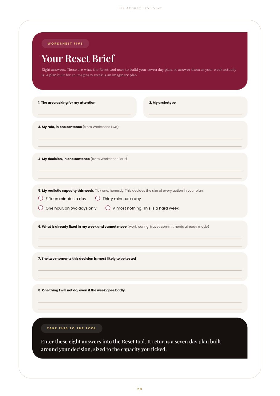 The Reset Brief page from the workbook